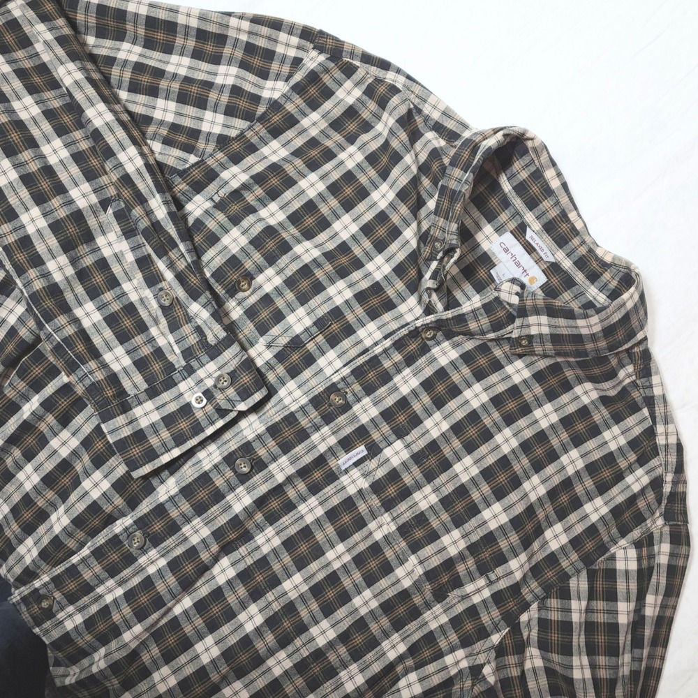 Carhartt‎ Mens Size L Button Up Shirt Black Brown Plaid Relaxed Fit Long Sleeve
